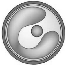 Graue runde grafische Darstellung mit abstraktem Symbol.
